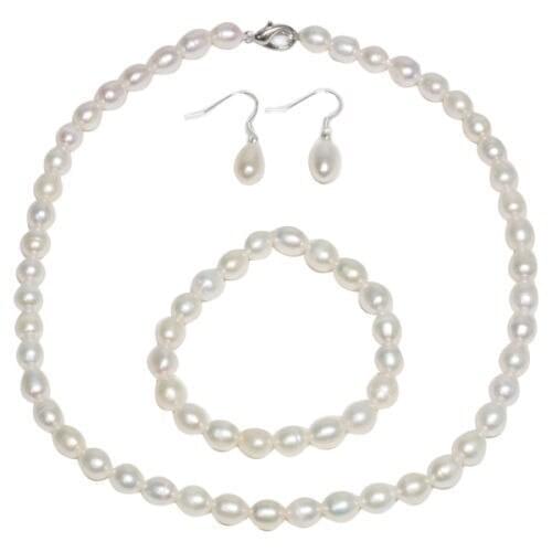 NEW 8-9MM Cultured Freshwater White Pearl Necklace Bracelet & Earring Set 18"7.5