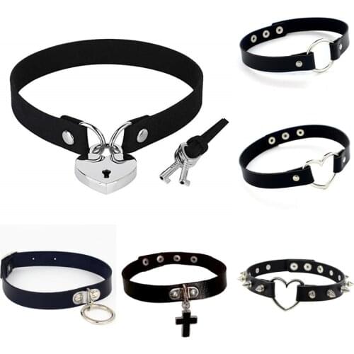 Spike Rivet Punk Sexy Gothic Pu Leather Goth Heart Cross Choker Necklace on Neck Round Collar Necklaces Women Jewelry