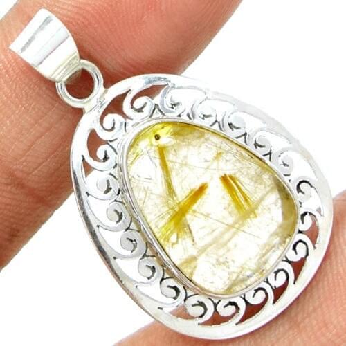 Hand made Genuine Golden Rutile Pendant , 100% 925 Sterling Silver, 41mm , 7.2 g, KP0017