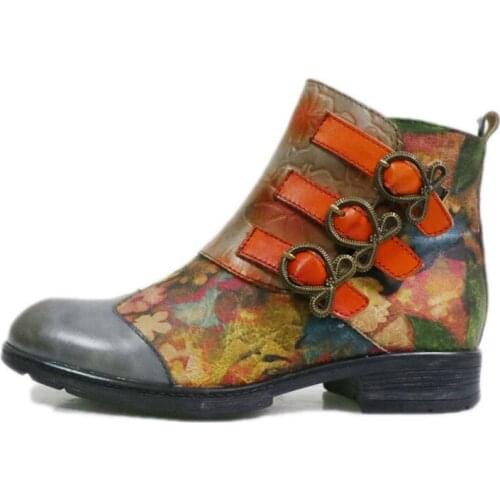 Riding boots, leather womens fashion comfortable with restoring ancient ways in national joker printed short boots