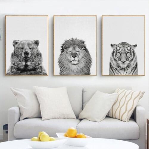 Nordic Black White Animal Panda Lion Fox Alpaca Bear Canvas Painting Poster and Print Wall Art Picture for Living Room No Frame