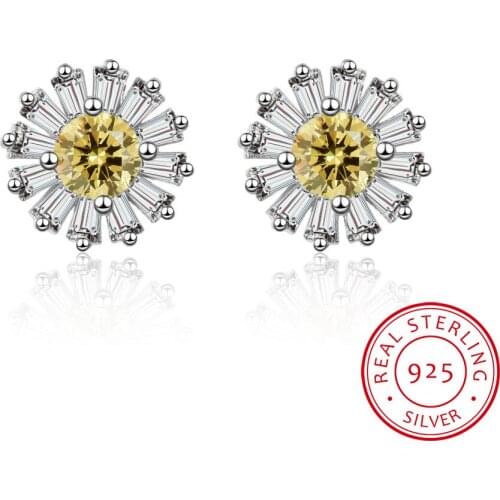 Sweet Cute Simple Zircon Daisy Flower Sunflower 925 Silver Stud Earrings for Women Girls Charm Statement Jewelry Gift