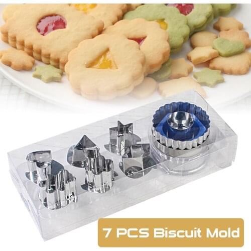 7pcs Cookie Cutters Set 6 Patterns Stainless Steel Baking Mold with 1 Press for Biscuit Cookie Pastry Stamp