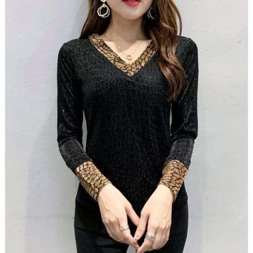 #8577 Korean Style Shinny Leopard T Shirt Women V Neck Sexy Spliced Color Casual T Shirts Female Slim Womens Tee Shirts Black