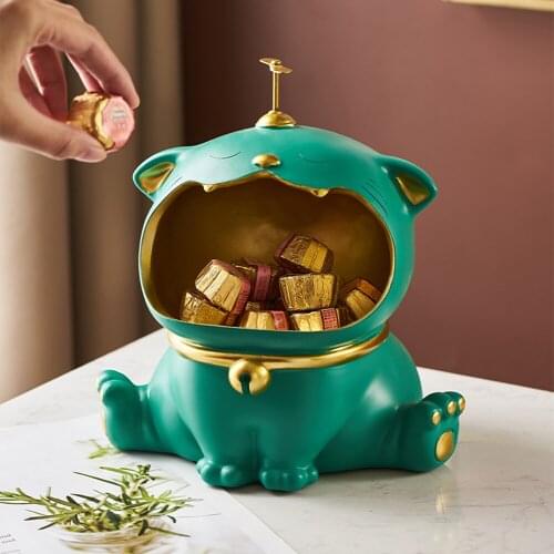 Home Decoration Accessories Modern Indoor Resin Figurines Lucky Cat Candy Storage Box Living Room New Year Desktop Decoration