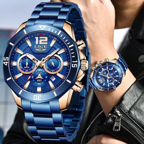 2021 New LIGE Luxury Men Watches Top Brand Fashion Blue Stainless Steel Sport Watch For Mens Casual 50M Waterproof Chronograph