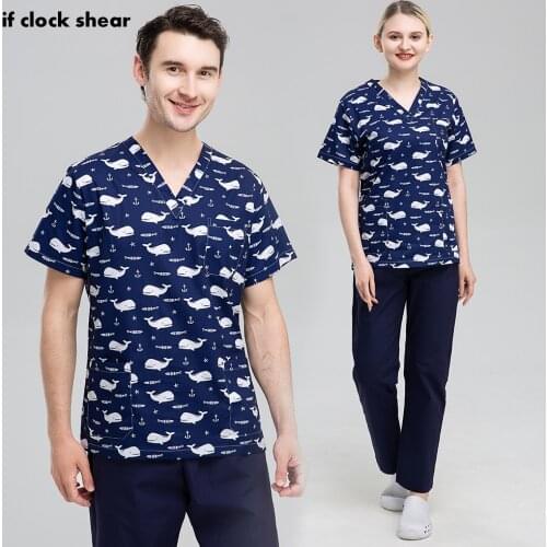 Scrubs Tops T-Shirt Casual Short Sleeve Women Cute Cartoon Print Nursing Women Scrubs Uniforms Nurse V-neck Pocket Women Clothes
