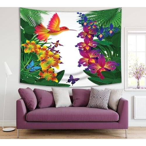 Tapestry Tropical Forest with Flowers Leaves Plants Birds and Butterflies Colorful Artwork Green Yellow Purple