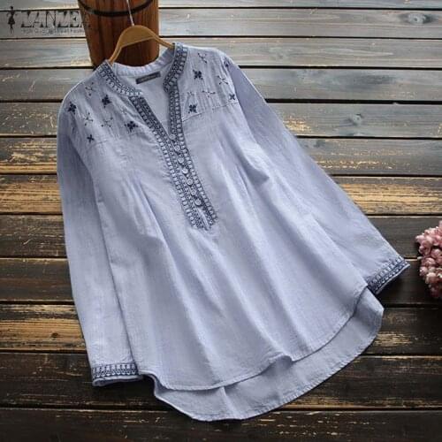 ZANZEA Kaftan Floral Tops Womens Embroidery Blouses V neck Blusas Female Long Sleeve Tunic Female Button Asymmetrical Tunic