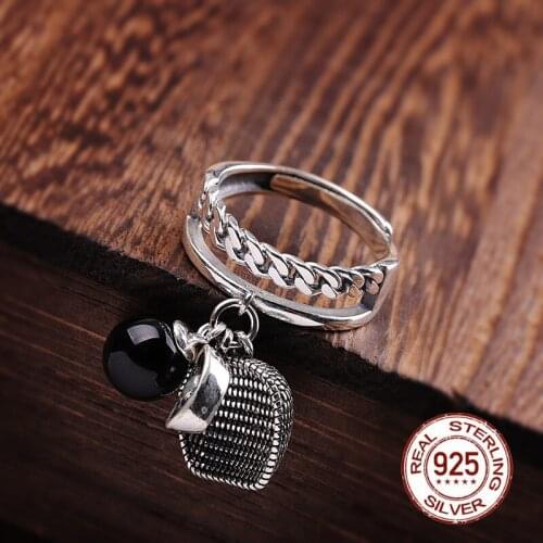 Real 925 Sterling Thai Silver Black Agate Lucky Ring Original Design Vintage Cute Charm Open Rings Fine Jewelry gitfs For Women