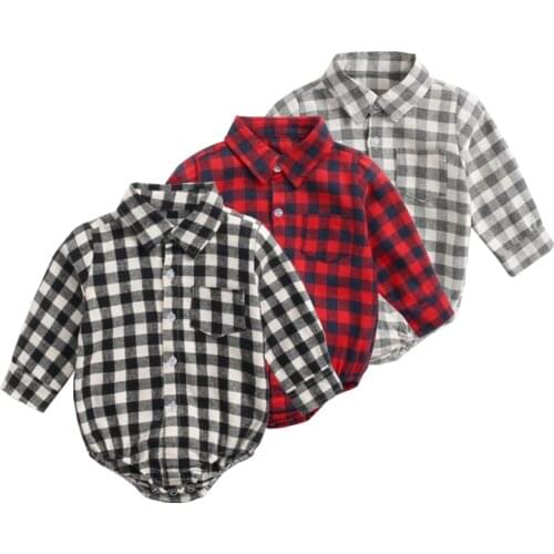 Infant Bodysuit Spring New Baby Boys Clothes Long Sleeve Jumpsuit Plaid Turndown Collar Rompers Girls Pure Cotton Costume 1pc