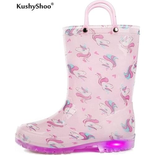 KushyShoo Toddler Boy Rain Boots with Light Kids Shining Shoes Girl PVC Rain Shoes Led Gradient Pink Bling Kids Shoes