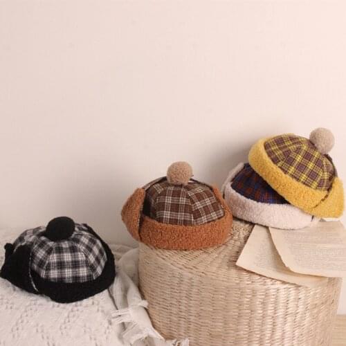 New Children Ear protection hat Winter warm wool ball boy girl cute plaid multicolor cap Toddler baby bomber soft elastic hats