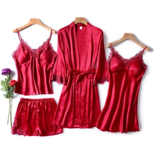 2020 4 Piece Sexy Pajamas Set Women Faux Silk Lace Sling Sleeveless Shirt Shorts Summer Robe Sleepwear With Chest Pads