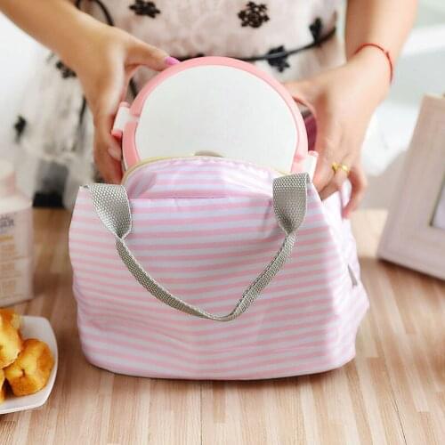 Portable Cute Lunch Bag Insulated Cold Canvas Stripe Picnic Carry Case Thermal Bag For Kids Women Girls Ladies Man