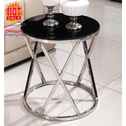 Stainless Steel Sofa Side Table Corner Table Small Apartment Living Room Round Coffee Table End Table Tempered Glass Marble Top