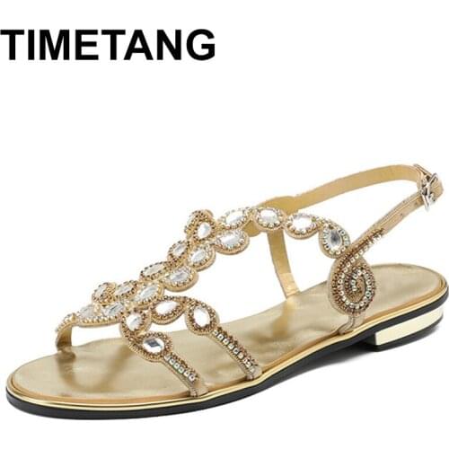 TIMETANG 2021Summer Rhinestone Elegant Big Size Diamond Belt Buckles Casual Shoes Gold Silver Black Thick Heel SandalsE1056