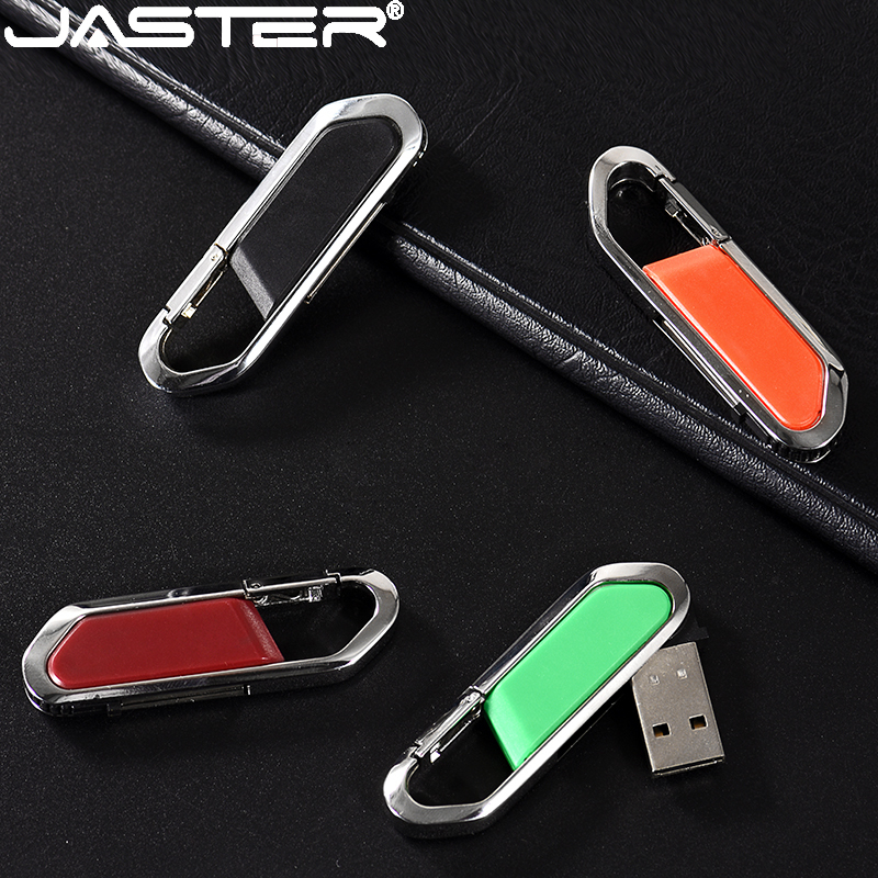 JASTER USB Flash Drive Black Leather Carabiner USB Memory Stick Drive 4GB 16GB 32GB 64GB 128GB Pen Drive USB 2.0 Pendrive