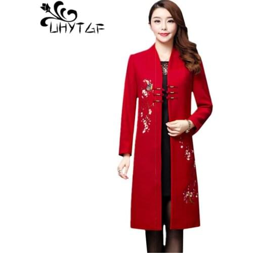 UHYTGF Women Spring jacket fashion embroidered autumn wool coat elegant mom loose 5XL plus size tops outerwear abrigo mujer 1154