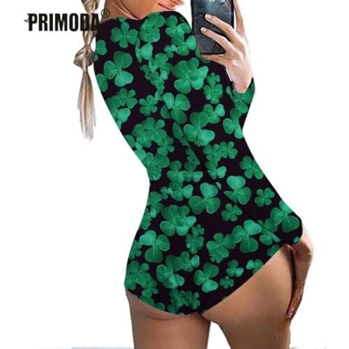 Avocado Chili Love Heart Printed Rompers Homewear Overalls Plunged V-Neck Long Sleeve Bodysuits Sexy Body Skinny Pajamas PR1483G