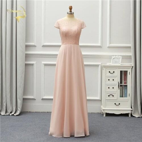 Jeanne Love Formal Long Evening Dress 2020 Pink Short Sleeves Lace Chiffon Robe De Soiree Vestido De Festa OL5240 Prom Gowns