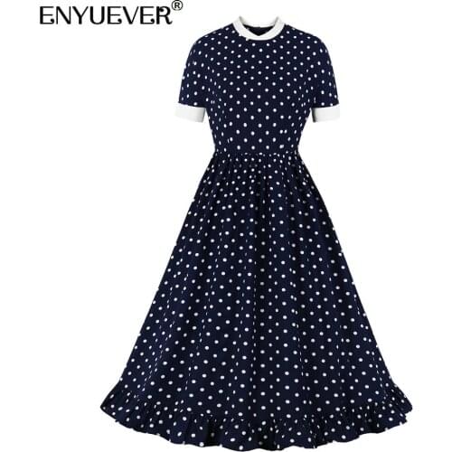 Enyuever Elegant Women Dress Summer Clothes Short Sleeve Patchwork Ruffle Hem Navy Blue Polka Dot Vintage Party Casual Dress