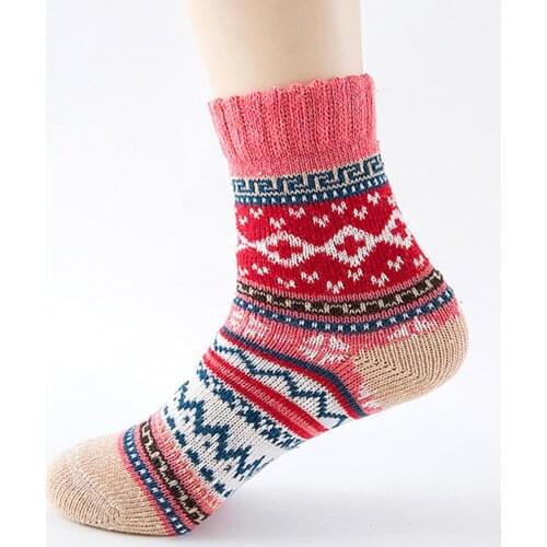 5Pairs Women Retro Imitation Woolen Thick Breathable Stripe Plaid Print Female Casual Winter Warm Women Socks Christmas Gift