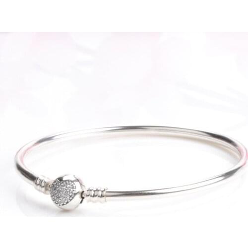 100% Genuine 925 Sterling Silver Fashion Heart-shaped Clear Crystal Charm Original Bangle & Bracelet
