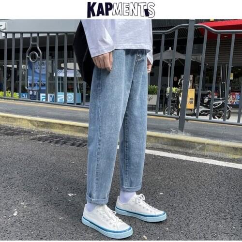 KAPMENTS Men Harajuku Korean Skinny Cargo Jeans 2021 Spring Mens Fashion Streetwear Blue Denim Pants Male Solid Harem Sweatpants