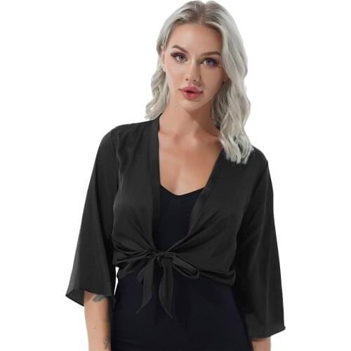 Elegant Women Lace-up Front Satin Cardigan Blouse Tops Female Slim Fit V Neck Half Sleeve Thin Open Stitch Coat Outwear Vintage