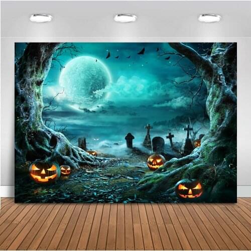 Photography backdrop Scary night Bright moon halloween background for photo studio pumpkin tombstone bat happy halloween decor