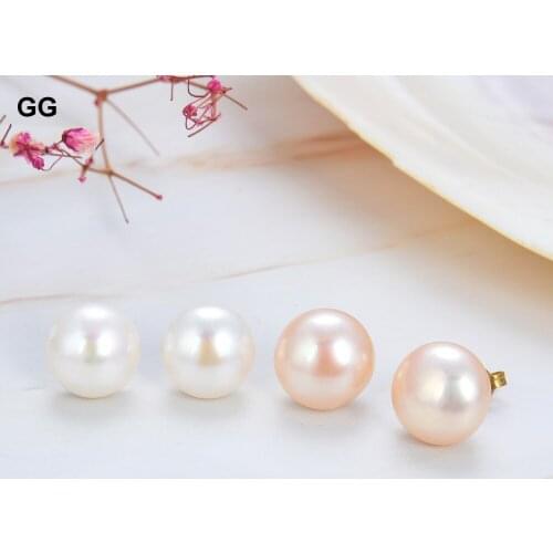 GuaiGuai Jewelry Natural Freshwater Pearl Semi Round White Pink Coin AAA Grade GP Stud Earrings
