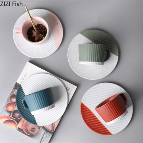 201ml Japanese-style Stripes Ceramic Coffee Cups Breakfast Milk Cup with Saucer Afternoon Teacup Household Office Mugs
