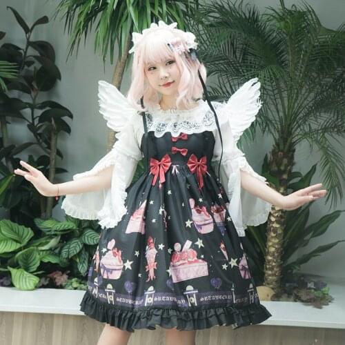 Strawberry Dessert JSK Dress Mori Girl Cute Print Lolita Dress Retro Court Style Cos Kawaii Tea Party Loli Princess Dress