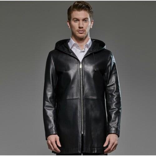 2020 Plus Size Mens Genuine Leather Jacket Hooded 100% Sheepskin Coat Long Windbreaker Chaqueta Cuero Hombre 181719 KJ2291