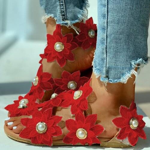 Women Leisure Sandals Bohemia Style Summer Shoes Beach Vacation Comfortable Flat Sandals Fashion Open Toe Pearl Flower Sandals
