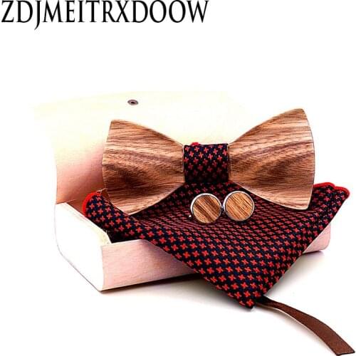 Fashion Zebra 3D Wooden Bow Tie For Men Unisex Carved Retro Neck Ties Vintage Navy Blue Bowtie Cufflinks Sets