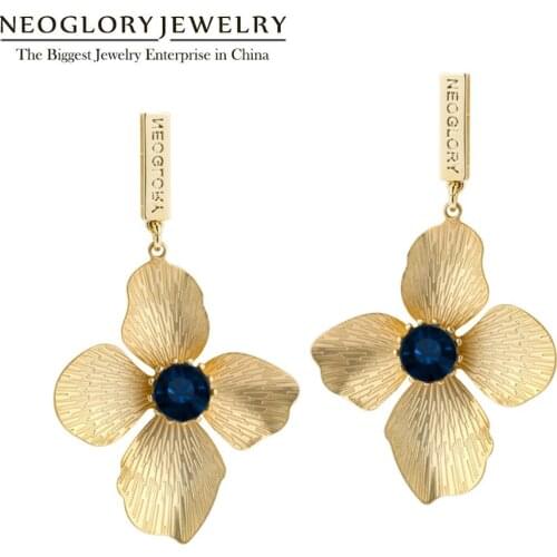 NEOGLORY New Design Sweet Jewelry Crystal Drop Earrings for Women 4 petals flower girl Gift Statement Accessories