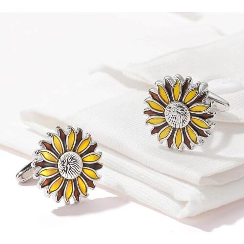 New Trendy Mens Unisex Cufflinks Personality Round Golden Sun Flower French Shirt Cuff Buttons Casual Banquet Cufflink