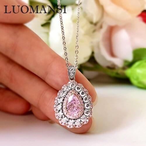 Luomansi 1CT Water Drop Pink Diamond Pendant Necklace 100%-S925 Sterling Silver Sparkling Wedding Birthday Party Jewelry Gift