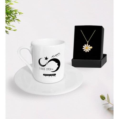 Personalized Ataturk Themed Turkish coffee Cup and Is Daisy Necklace Gift Seti-5