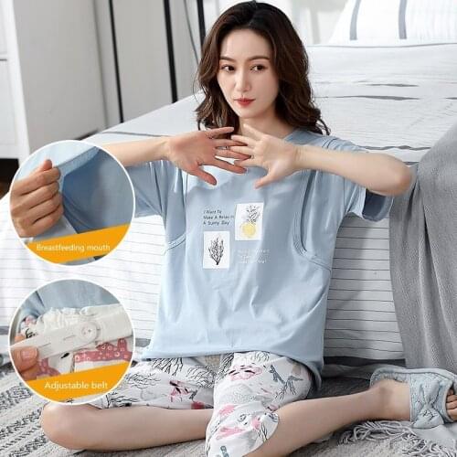 With Breastfeeding Mouth And Adjustable belt Pajamas For Pregnant Women Full Cotton Postpartum Confinement Home Service Clothing