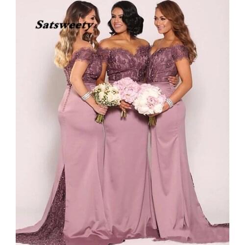 Mermaid Gown Elastic Satin Sweetheart Off-Shoulder Prom Party Gown Applique Bridesmaid Dresses Lace Dress