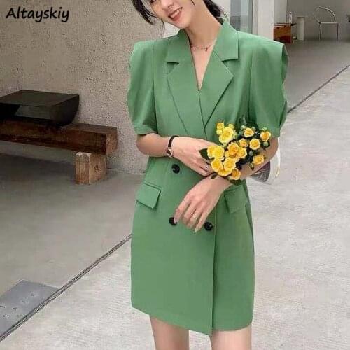 Dress Women Solid Elegant Fashion Summer Temperament Korean Style Office Puff Sleeve Double Breast Streetwear All-match Female