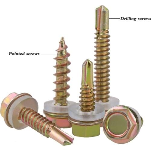 10Pcs M5.2 Carbon Steel Hex Washer Head Self Drilling Screws Color Zinc Pointed Self Tapping Screws Length 19-100mm