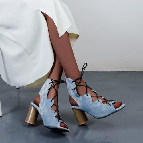 Womens Peep Toe Snake Crocodile Pattern Block High Heel Sandals Denim Slingbacks Shoes Summer Rome Gladiator Cross-strap New