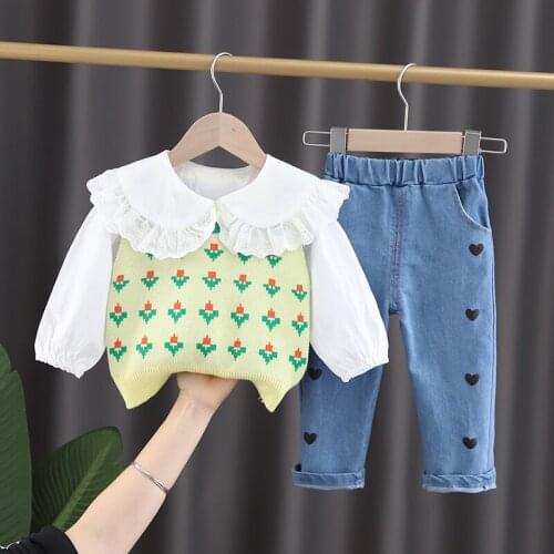 Spring toddler girl baby clothes infant outfit sets shirt knitted vest love jeans suit for baby girls clothing 1st birthday sets