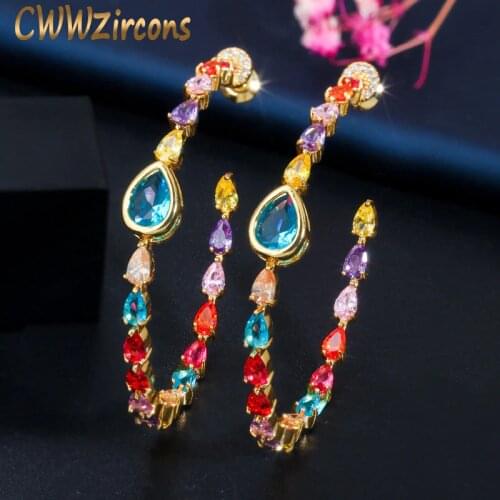 CWWZircons Elegant Circle Round Multicolor Rainbow CZ Crystal Big 585 Gold Hoop Earrings for Women Jewelry Gift CZ641