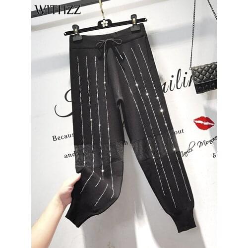 WITHZZ Women Spring Autumn Fashion Knitted High Waist Sequined Trousers Loose Sports Casual Harem Pants