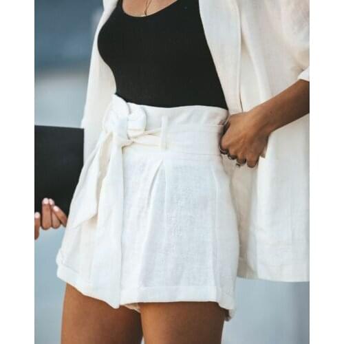 Summer Women Shorts 2019 New Womens Summer Casual White Lace Up High Waist Solid Loose Shorts Size S-XL